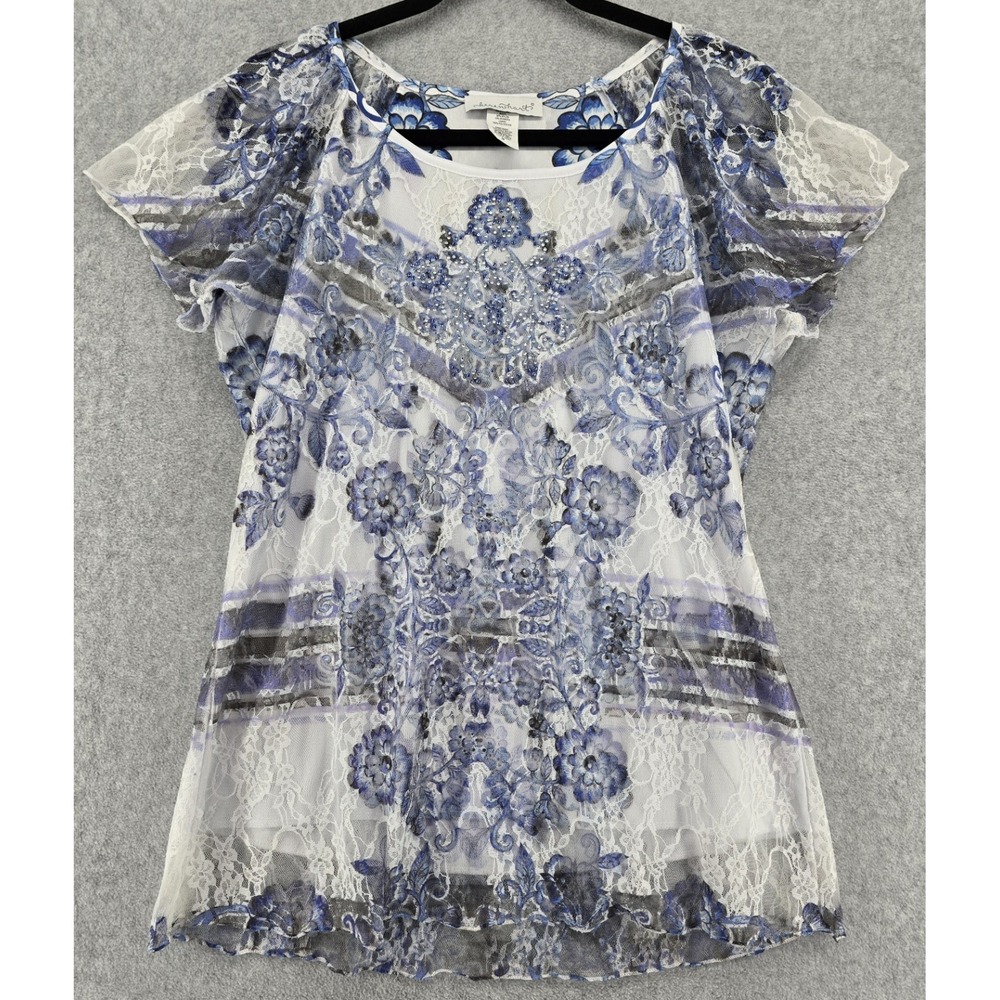Vtg Y2K Keren Hart Top Sz M White Blue Lace Floral Flowy Fairy Boho Romantic USA